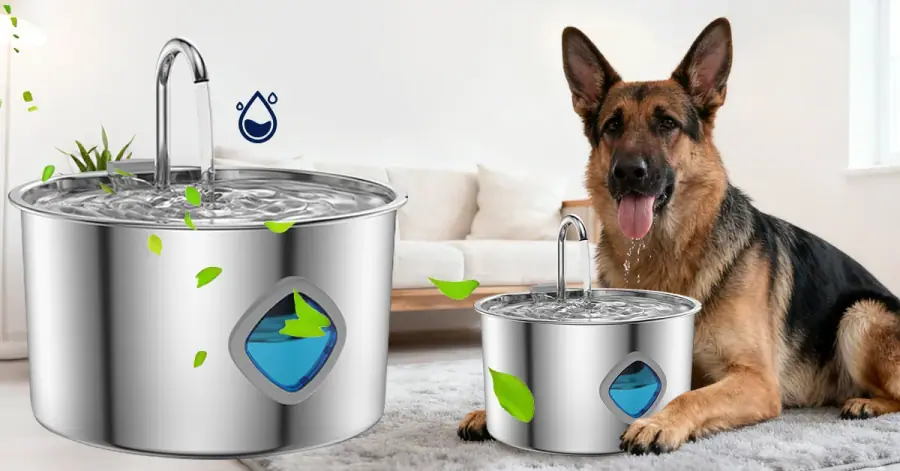 Stainless steel water fountain with a water-level window beside a German shepherd