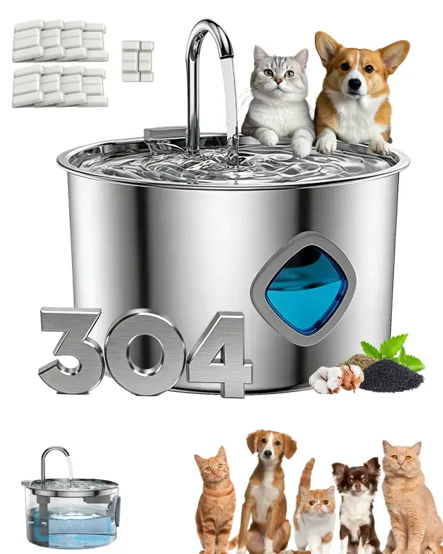 Stainless steel pet water fountain with a curved faucet, blue water-level window and included filters